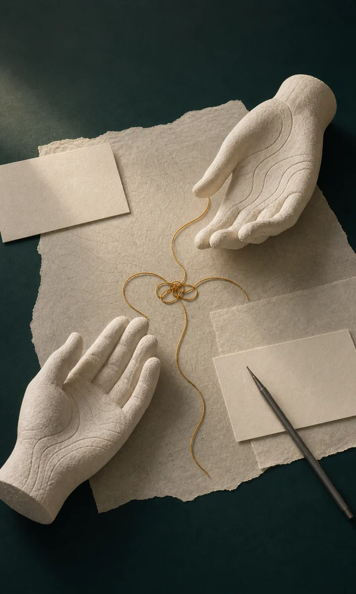 Dos manos escultóricas unidas visualmente por un hilo dorado y tarjetas de correspondencia